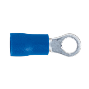 The Sealey Easy-Entry Ring Terminal Ø4.3mm (4BA) Blue, BT24, comes in a pack of 100 and is designed for 16-14 AWG wires, featuring a colour-coded blue insulation and a sturdy metal loop for secure electrical connections.