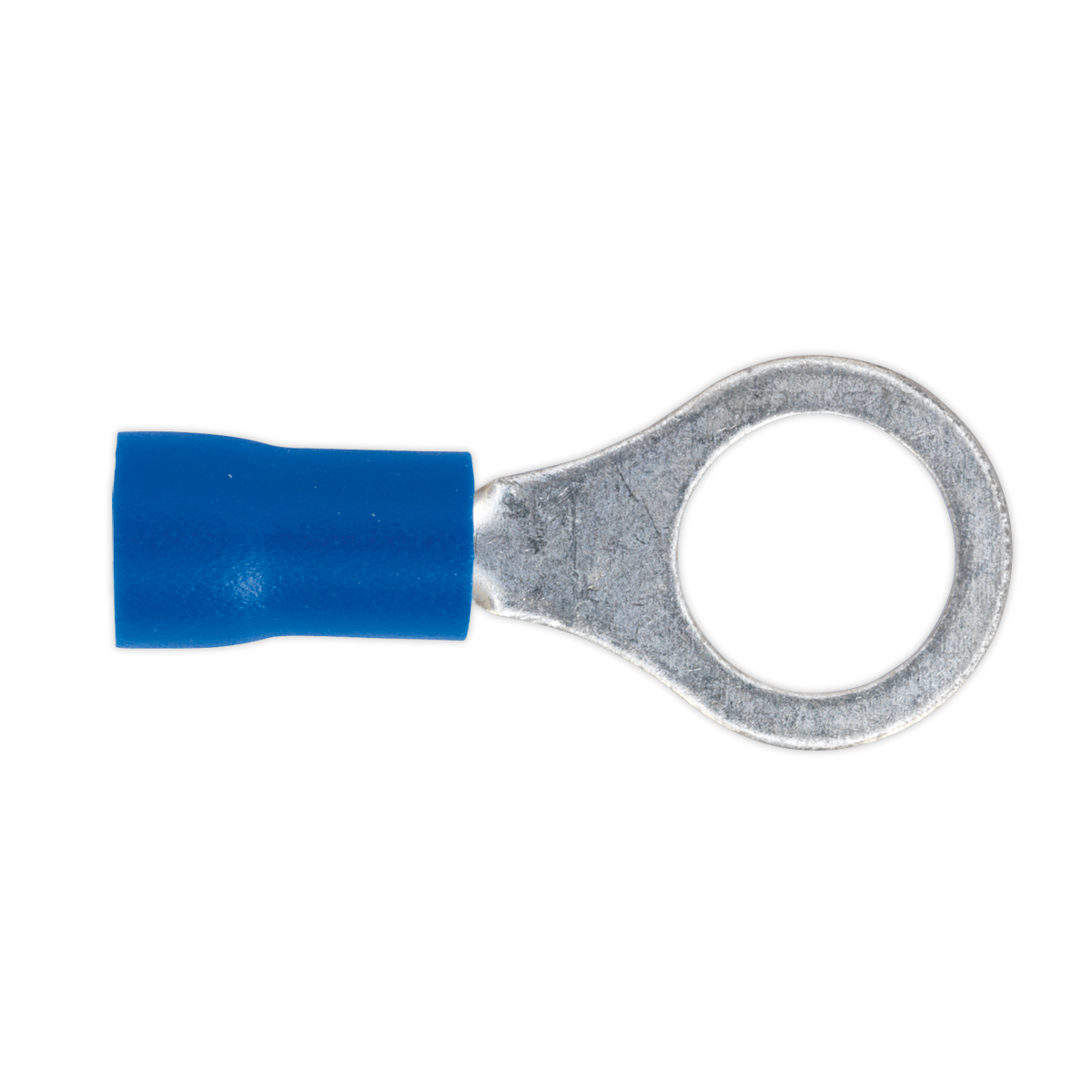 The Sealey Easy-Entry Ring Terminal Ø8.4mm (5/16") Blue, Pack of 100 - BT27, is a color-coded blue insulated ring terminal designed for electrical connections with an 8.4mm metal loop, suitable for 16-14 AWG wiring.