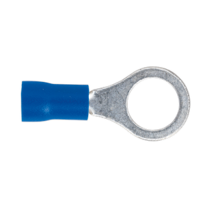 The Sealey Easy-Entry Ring Terminal Ø8.4mm (5/16") Blue, Pack of 100 - BT27, is a color-coded blue insulated ring terminal designed for electrical connections with an 8.4mm metal loop, suitable for 16-14 AWG wiring.