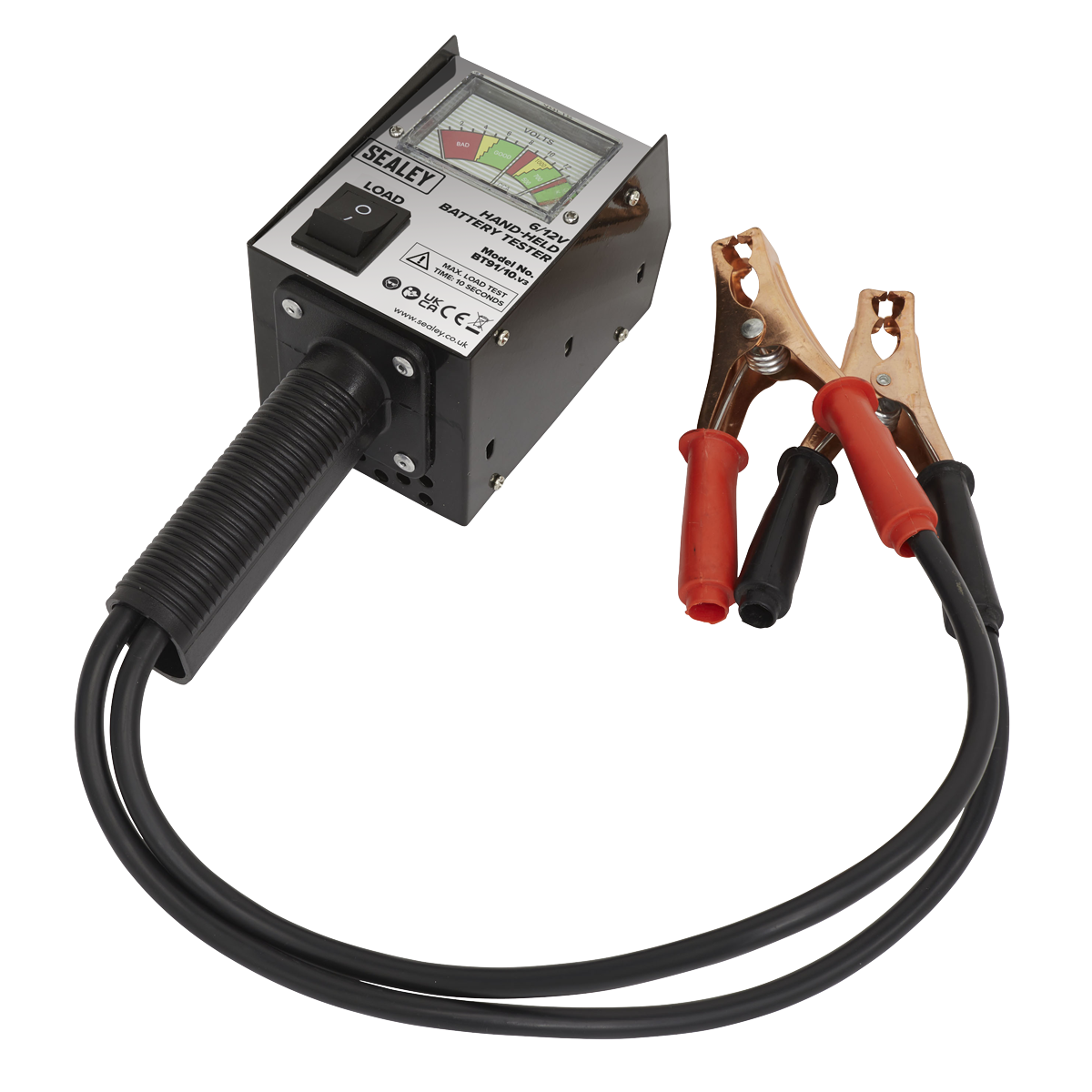 The Sealey Battery Tester 6/12V Handheld - BT91/10 is designed for 6V and 12V batteries, featuring attached cables and clamps, as well as a gauge and control buttons on the front panel.