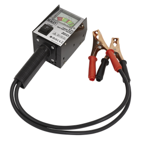 The Sealey Battery Tester 6/12V Handheld - BT91/10 is designed for 6V and 12V batteries, featuring attached cables and clamps, as well as a gauge and control buttons on the front panel.