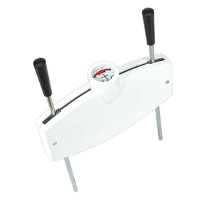 The Sealey Battery Drop Tester 12V - BT91/3 is a traditional style drop tester with a white manual screw press, two black handles, and a gauge indicator, ideal for testing 12V automotive batteries.