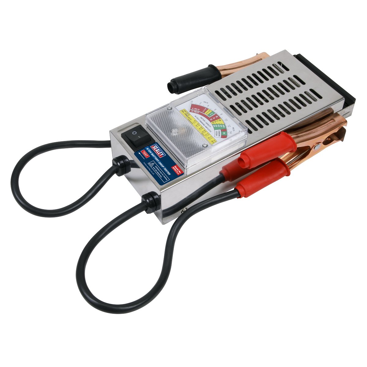 The Battery Drop Tester 6/12V - BT91/7 from Sealey is a handheld device with a metal casing, a dial gauge, and two sets of cables featuring red and black clamps. Designed to test both 6V and 12V batteries, this American-style drop tester ensures precise voltage readings for reliable battery performance.