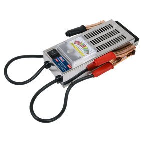 The Battery Drop Tester 6/12V - BT91/7 from Sealey is a handheld device with a metal casing, a dial gauge, and two sets of cables featuring red and black clamps. Designed to test both 6V and 12V batteries, this American-style drop tester ensures precise voltage readings for reliable battery performance.