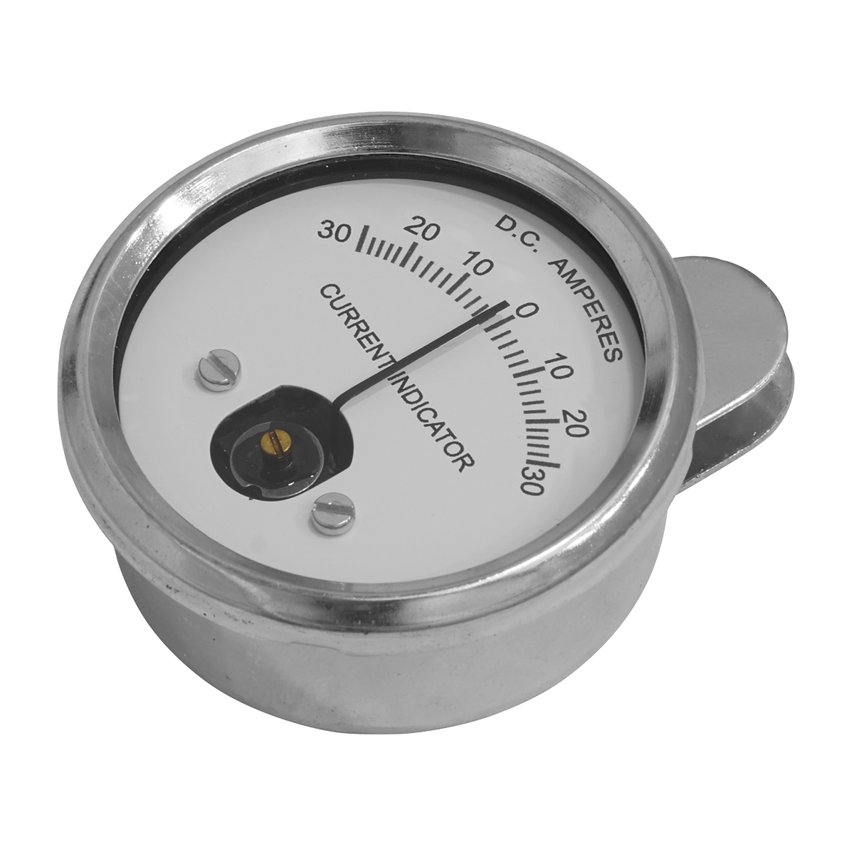 The Sealey Clip-On Ammeter 30-0-30A - BT98/10 is a round analog moving-coil meter for DC current, featuring a scale from -30 to 30 amperes, with a needle positioned at the center.