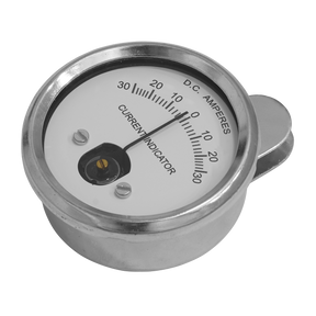 The Sealey Clip-On Ammeter 30-0-30A - BT98/10 is a round analog moving-coil meter for DC current, featuring a scale from -30 to 30 amperes, with a needle positioned at the center.