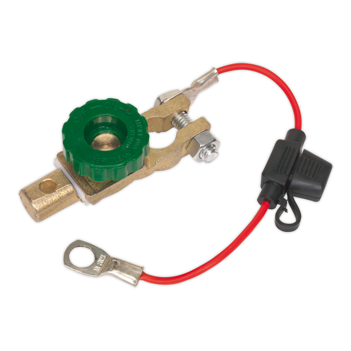 Image of the Sealey BTANT1224V Battery Terminal & Fuse Holder 12-24V Anti-Theft, featuring a RoHS Compliant brass car battery terminal disconnect switch with a green knob, an attached red wire, and a sleek black fuse holder.