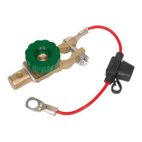Image of the Sealey BTANT1224V Battery Terminal & Fuse Holder 12-24V Anti-Theft, featuring a RoHS Compliant brass car battery terminal disconnect switch with a green knob, an attached red wire, and a sleek black fuse holder.
