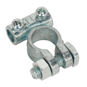 Introducing the Sealey Battery Terminal 24V Negative Heavy-Duty Pack of 5 - BTN22, a robust metal clamp with two top screws, specifically engineered for securing cables or electrical wires in automotive applications.