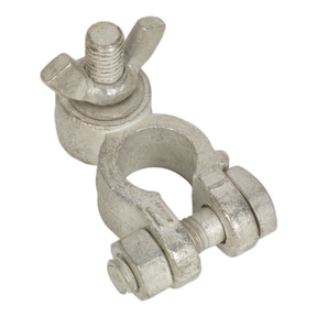 Introducing the Battery Terminal - Post with Washer & Wing Nut 24V Negative Pack of 5 (BTN24) by Sealey: a silver metal connector in an open position, equipped with a die-cast brass terminal and compliant with RoHS standards.