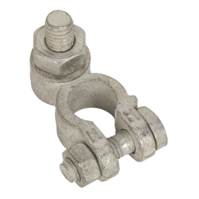 Close-up of the Sealey Battery Terminal - Post with Washer & Nut 24V Negative (Pack of 5 - BTN26) made from die-cast brass, featuring an M10 stud size with a bolt and nut.