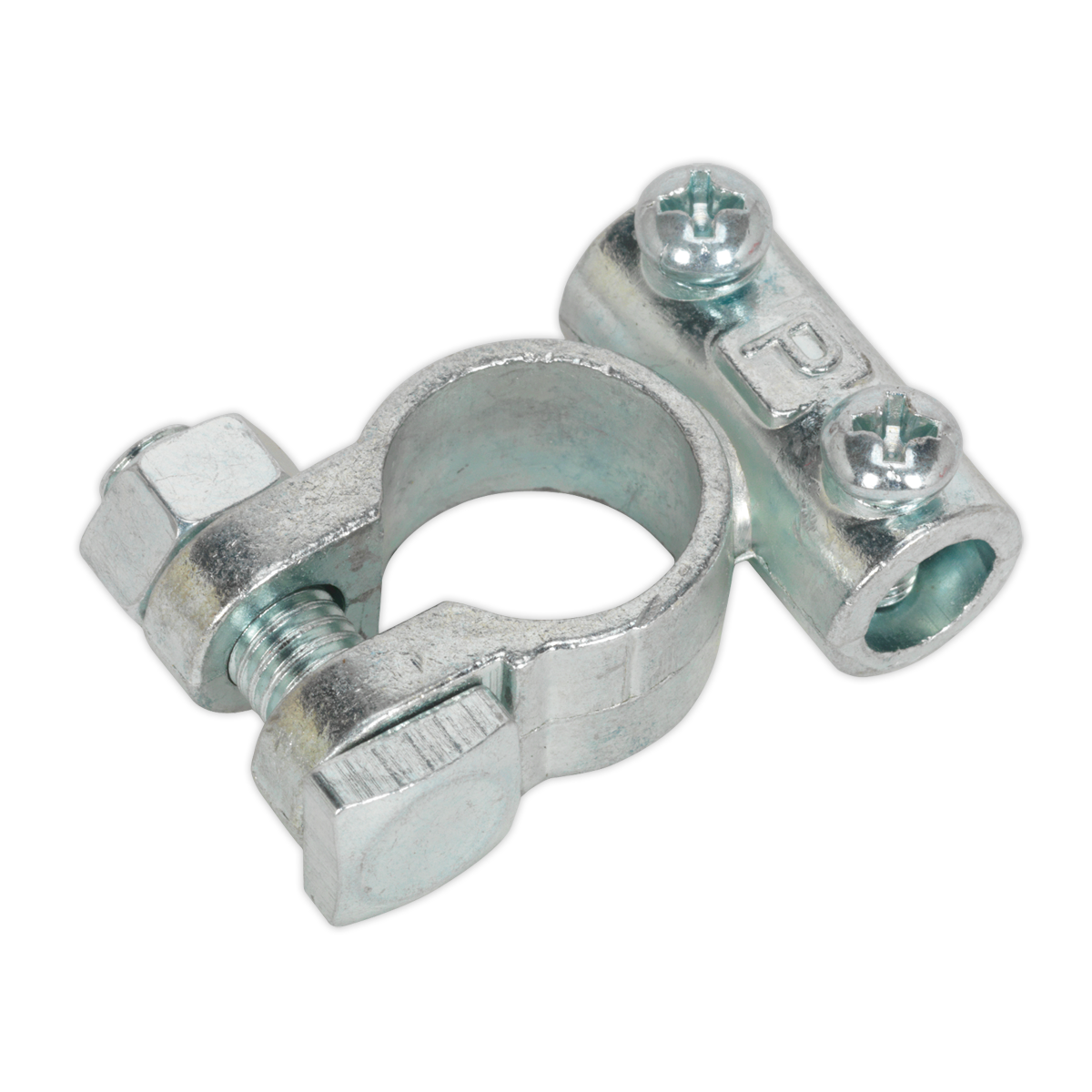 The Sealey Battery Terminal 12V Positive Light-Duty Pack of 10 - BTP1, constructed from die-cast zinc alloy, features a silver metal connector with a central ring and two attached screws, displayed against a white background. It is RoHS compliant and ideal for light-duty applications.