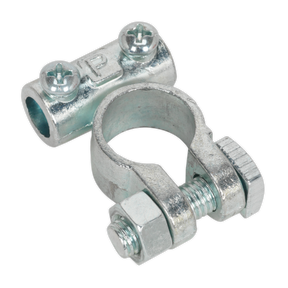 The Sealey Battery Terminal 12V Positive Light-Duty Pack of 10 - BTP1 consists of a die-cast zinc alloy clamp with two screws securing the top and a larger bolt and nut at the bottom. RoHS Compliant.