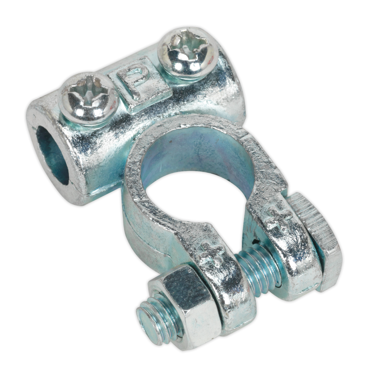 The Sealey Battery Terminal 24V Positive Medium-Duty Pack of 10 - BTP3 is a silver-colored cable clamp designed for use in commercial vehicles or plant machinery. It features two screws at the top and a bolt at the bottom, ensuring secure attachment. The cylindrical opening is perfect for holding cables firmly even in demanding environments.