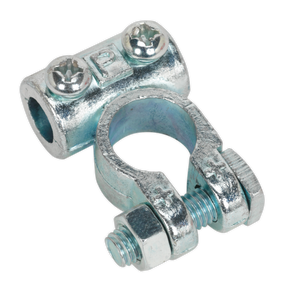 The Sealey Battery Terminal 24V Positive Medium-Duty Pack of 10 - BTP3 is a silver-colored cable clamp designed for use in commercial vehicles or plant machinery. It features two screws at the top and a bolt at the bottom, ensuring secure attachment. The cylindrical opening is perfect for holding cables firmly even in demanding environments.