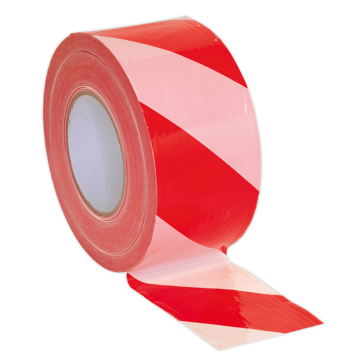 Partially unrolled against a plain background, a roll of Sealey's Hazard Warning Barrier Tape 80mm x 100m Red/White Non-Adhesive - BTRW, made from durable PE film, showcases its non-adhesive design for easy application.