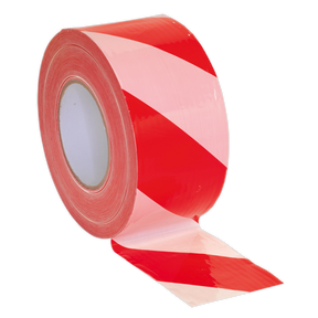 Partially unrolled against a plain background, a roll of Sealey's Hazard Warning Barrier Tape 80mm x 100m Red/White Non-Adhesive - BTRW, made from durable PE film, showcases its non-adhesive design for easy application.