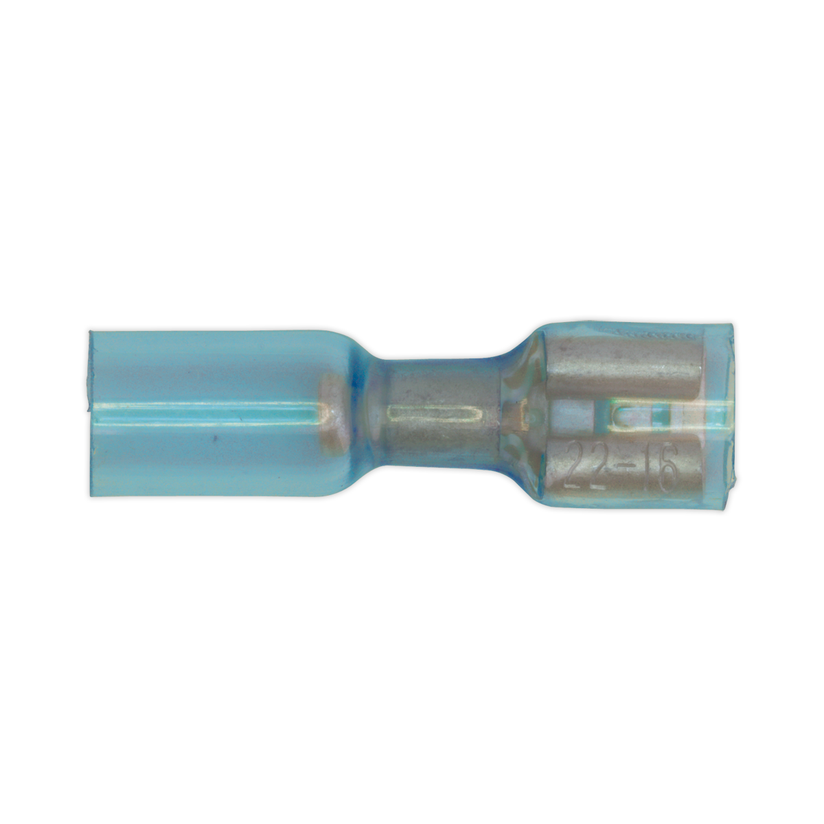 The Sealey Heat Shrink Push-On Terminal 6.4mm Female Blue (Pack of 25, model BTSPF25) is a transparent blue cylindrical electrical wire connector that features visible metal components inside and is compatible with cable sizes ranging from 16 to 14 AWG.