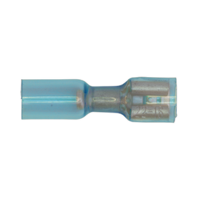 The Sealey Heat Shrink Push-On Terminal 6.4mm Female Blue (Pack of 25, model BTSPF25) is a transparent blue cylindrical electrical wire connector that features visible metal components inside and is compatible with cable sizes ranging from 16 to 14 AWG.