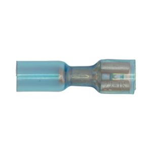 The Sealey Heat Shrink Push-On Terminal 6.4mm Female Blue (Pack of 25, model BTSPF25) is a transparent blue cylindrical electrical wire connector that features visible metal components inside and is compatible with cable sizes ranging from 16 to 14 AWG.