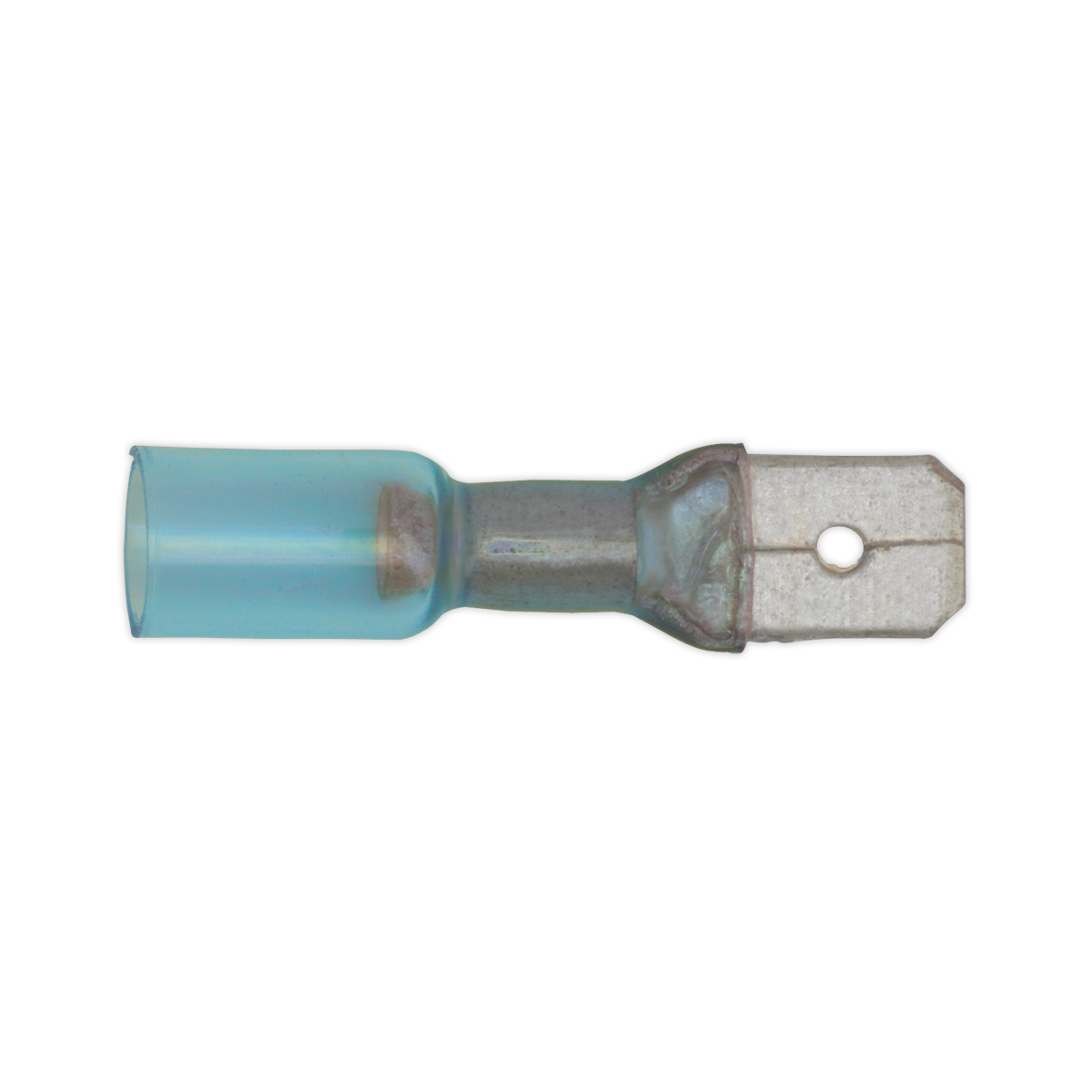 Image of a Sealey Heat Shrink Push-On Terminal 6.3mm Male Blue (Pack of 25 - BTSPM25) with a metal connector end, featuring adhesive lined tubing, shown against a plain white background.