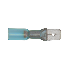 Image of a Sealey Heat Shrink Push-On Terminal 6.3mm Male Blue (Pack of 25 - BTSPM25) with a metal connector end, featuring adhesive lined tubing, shown against a plain white background.