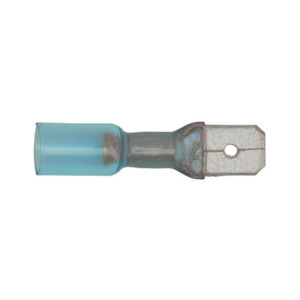 Image of a Sealey Heat Shrink Push-On Terminal 6.3mm Male Blue (Pack of 25 - BTSPM25) with a metal connector end, featuring adhesive lined tubing, shown against a plain white background.