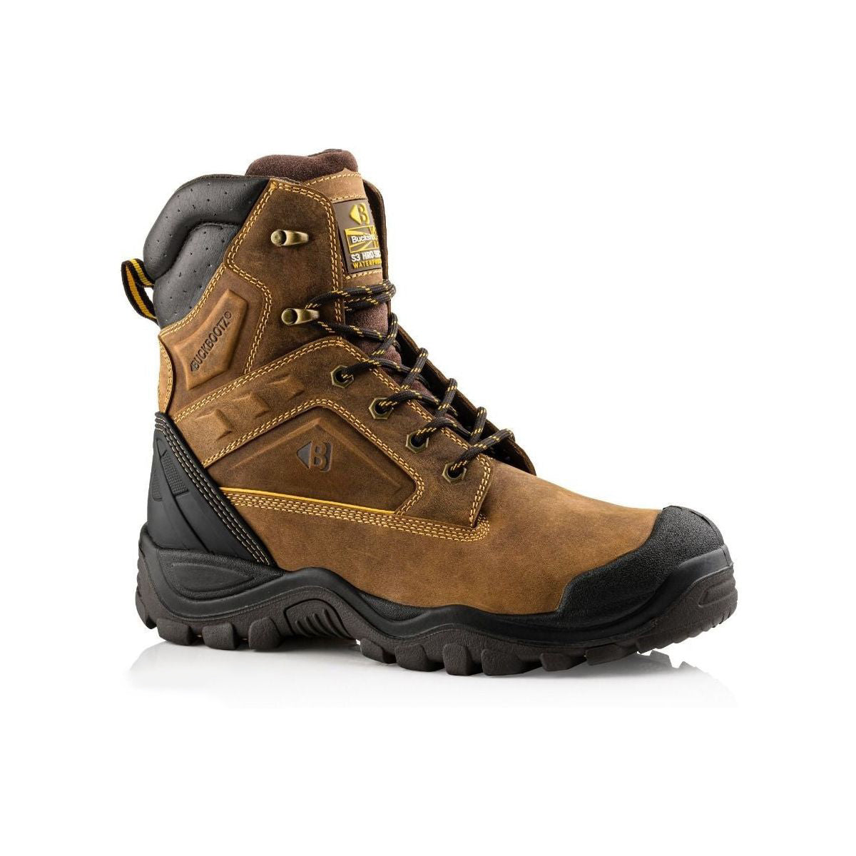 Introducing the Buckler Bsh011Br, a high-leg waterproof safety boot in brown, featuring a rugged design with a black rubber sole and lace-up closure. It also comes equipped with a reinforced Anti-scuff Toe Protector positioned at a slight angle for added durability.