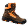 The Buckler - Hi Viz High Leg Zip Waterproof Safety Boots - Bvizor/Br is a waterproof work boot in brown and orange, equipped with slip-resistant rubber soles and a black rubber toe cap. It features high-visibility orange laces and stitching details, along with visible Buckler branding on the side.