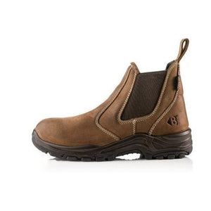 Introducing the Buckler - Waterproof Dealer Boots Non-Safety - Dealerns, a brown slip-on work boot featuring black elastic side panels, intricate stitching detail, a handy pull tab at the back, and a durable black rubber sole. Part of Buckler's Dealerz non-safety boots collection, this stylish and comfortable boot is perfect for everyday wear.