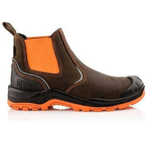 The Buckler Waterproof Safety Boot - Bviz3Or/Br by Buckler features a single brown, ankle-high design with an eye-catching orange and black sole. It includes high visibility orange stretch panels on the sides and a convenient pull-on loop at the back.