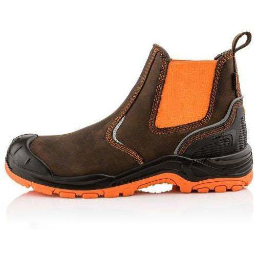*STOCK CLEARANCE* - UK Size 11 & 12 - Buckler Waterproof Safety Boots – Hi-Viz Orange/Brown Steel Toe Work Boots | BVIZ3OR/BR