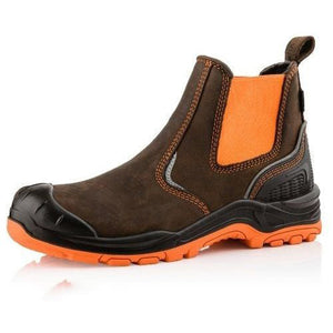 The Buckler - Waterproof Safety Boots - Bviz3Or/Br by Buckler features a single brown work boot with bright orange elastic side panels and a rugged orange sole, designed for durability, protection, and high visibility.