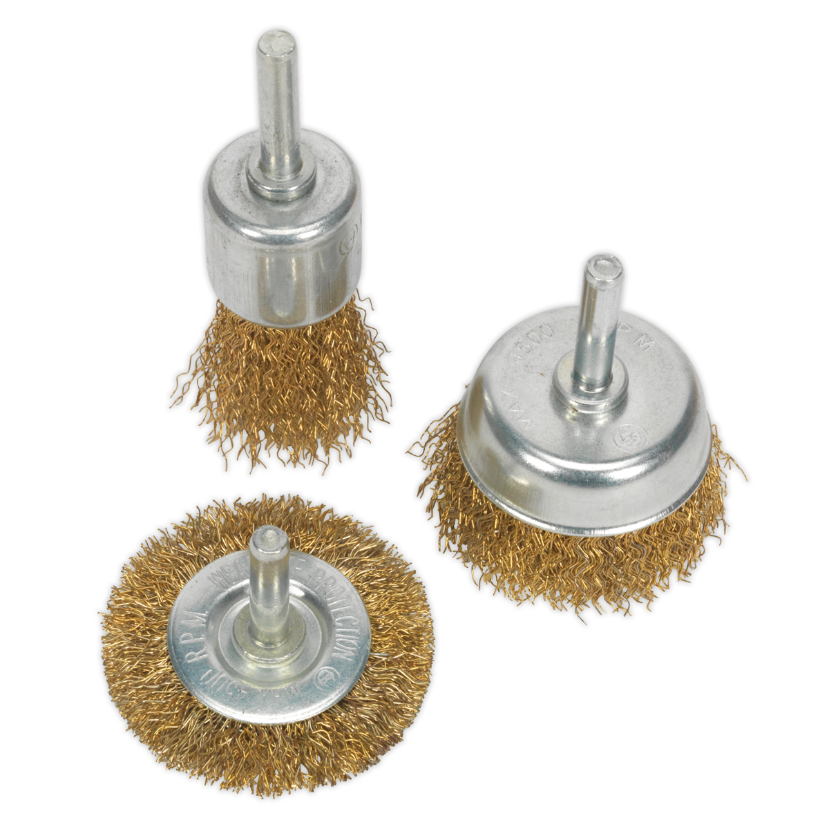 The Sealey Wire Brush Set 3pc Brassed - BWBS03 includes three wire cup brushes of various sizes, each with a metal shank. Designed for use with power tools such as drills, these brushes feature crimped steel filaments for efficient cleaning, rust removal, and enhanced durability.