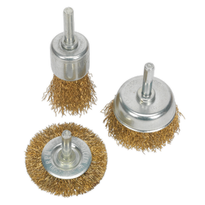 The Sealey Wire Brush Set 3pc Brassed - BWBS03 includes three wire cup brushes of various sizes, each with a metal shank. Designed for use with power tools such as drills, these brushes feature crimped steel filaments for efficient cleaning, rust removal, and enhanced durability.