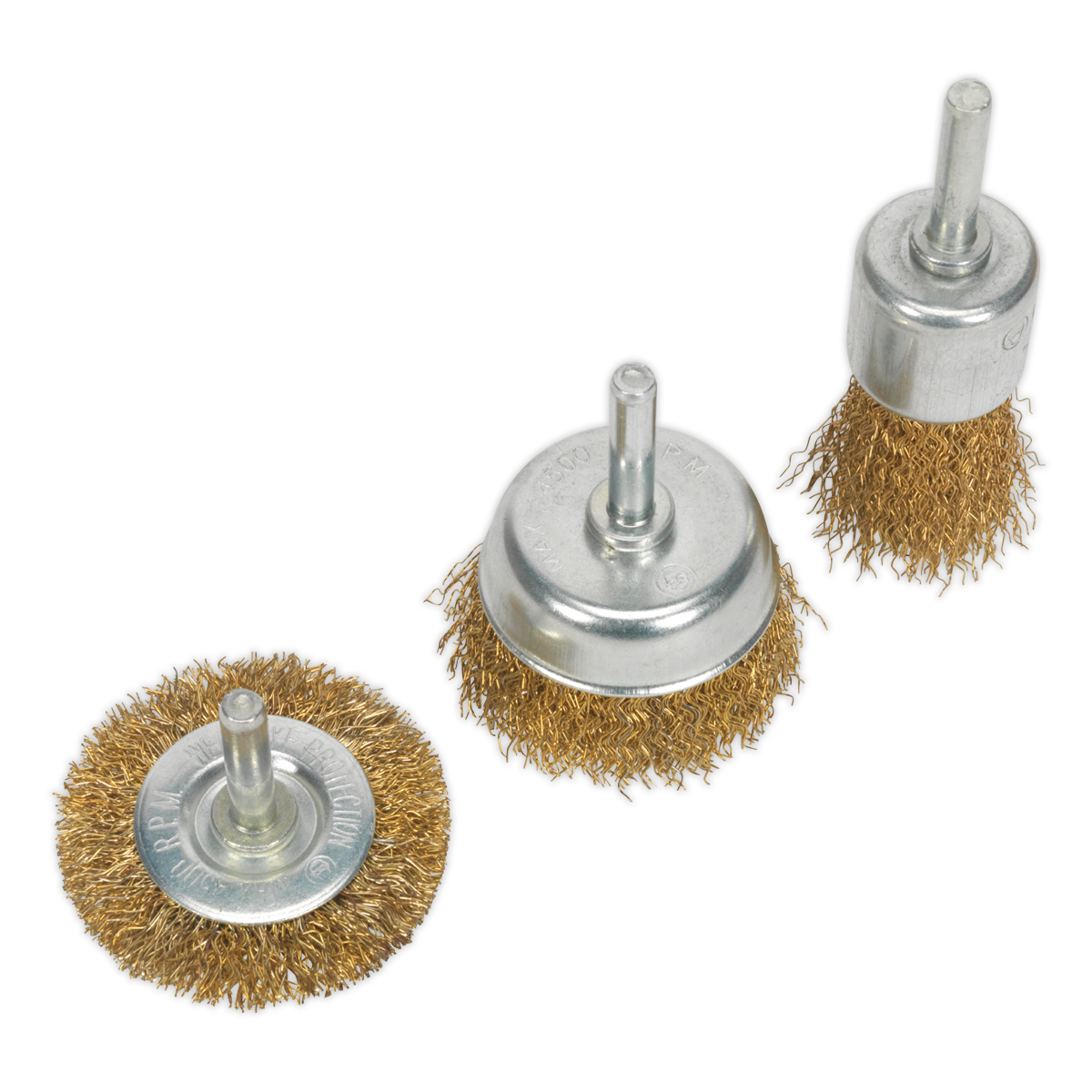 Sealey's Wire Brush Set 3pc Brassed - BWBS03 consists of three wire cup brushes with cylindrical metal shafts, featuring crimped steel filaments, arranged in a row facing upward, ideal for use with power tools to clean and polish surfaces.