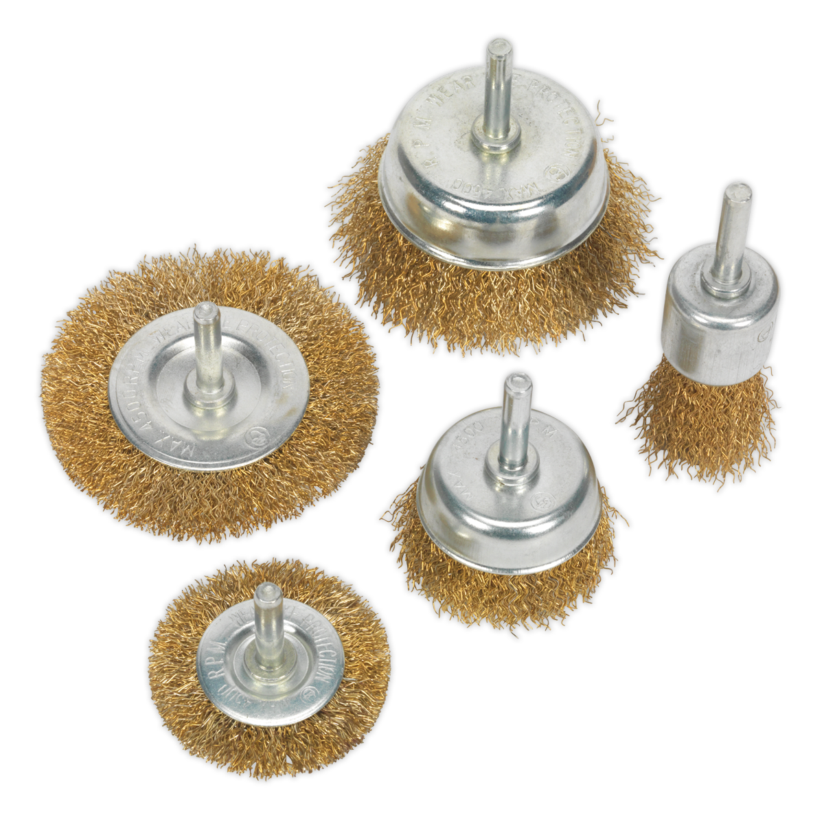 The Sealey Wire Brush Set 5pc Brassed - BWBS05 features five wire brush attachments in assorted shapes and sizes. Each brush is equipped with durable metallic bristles and sturdy metal bases, which include cylindrical attachments for compatibility with drills and rotary tools. Perfect for power tools, these brushes provide comprehensive cleaning across various applications.