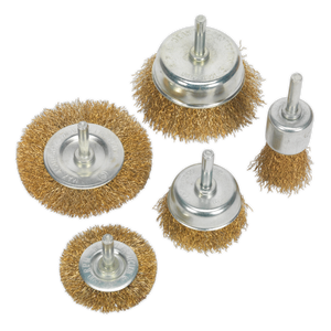 The Sealey Wire Brush Set 5pc Brassed - BWBS05 features five wire brush attachments in assorted shapes and sizes. Each brush is equipped with durable metallic bristles and sturdy metal bases, which include cylindrical attachments for compatibility with drills and rotary tools. Perfect for power tools, these brushes provide comprehensive cleaning across various applications.