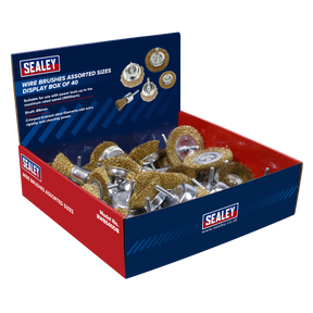 The Wire Brushes Assorted Sizes Display Box of 40 - BWBS40DB by Sealey contains a total of 40 wire brushes in assorted sizes. Each brush features crimped brassed steel filaments and comes in a red and blue color scheme, making them perfect for decarbonising or cleaning wire tasks. Complete product details are printed on the box, making it ideal for use with power tools.
