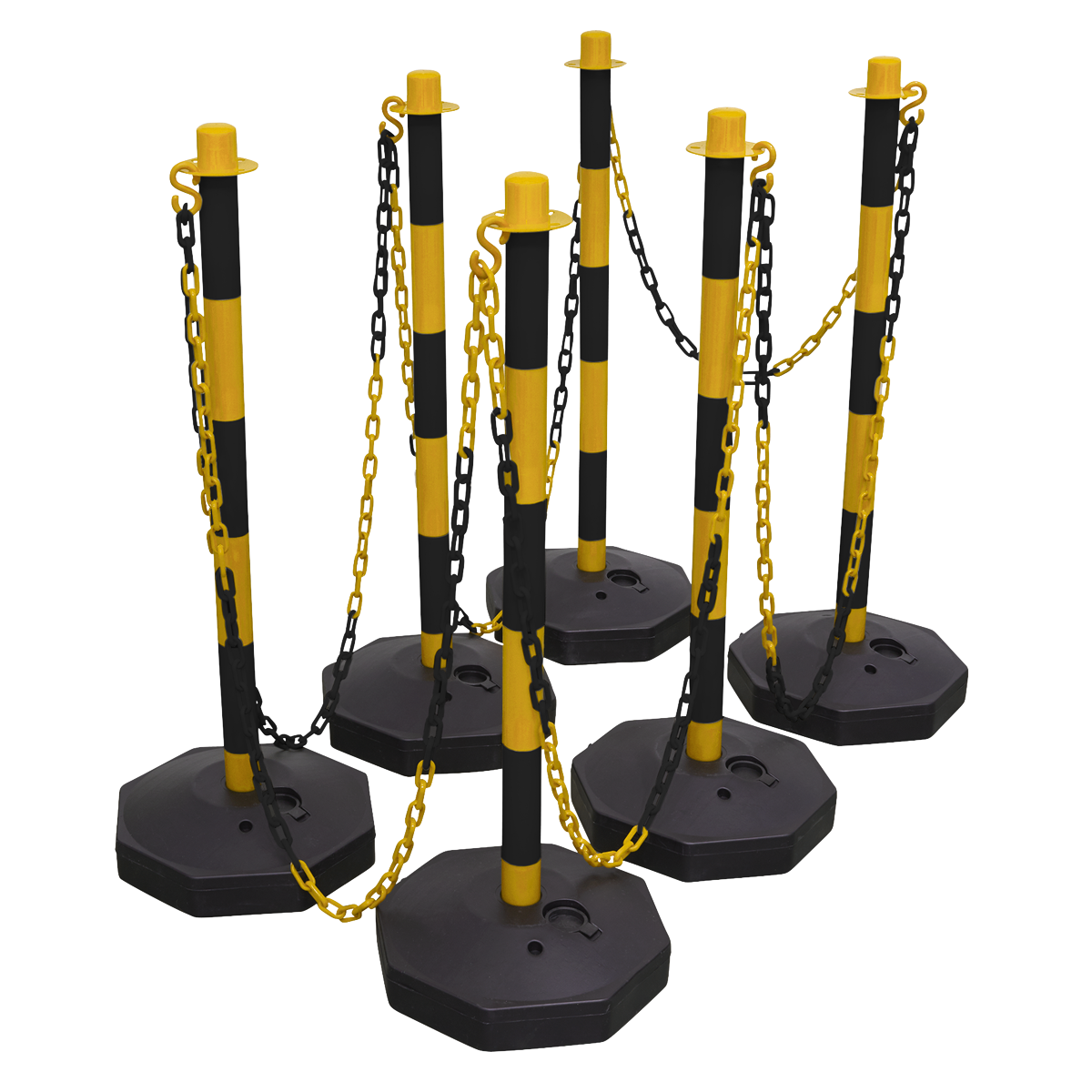 Six Black/Yellow Posts & Chain Kits (Product: BYSBKIT, Brand: Sealey), each with flat hexagonal bases and interconnected with matching yellow chains, form an effective temporary safety barrier.