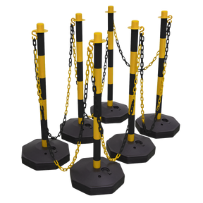 Six Black/Yellow Posts & Chain Kits (Product: BYSBKIT, Brand: Sealey), each with flat hexagonal bases and interconnected with matching yellow chains, form an effective temporary safety barrier.