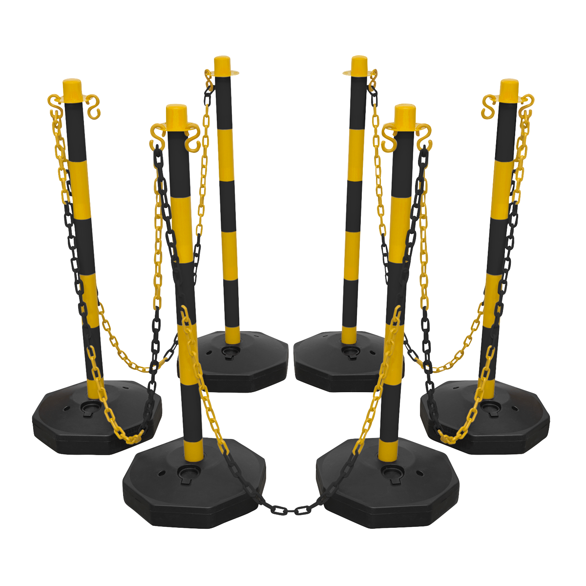 Six black and yellow striped safety stanchions from the Sealey Black/Yellow Post & Chain Kit 25m - BYSBKIT are connected by matching chains arranged in a circular formation. This temporary safety barrier is ideal for securing areas, especially where hybrid and electric vehicles are parked.