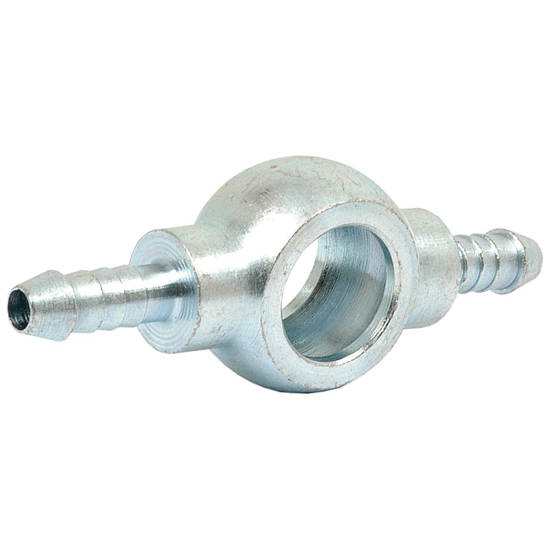 The Banjo Fitting E Ø8mm DN02 3.00mm, Sparex Part No. S.31280 from the brand Sparex, is a double metal ball bearing with two hose barbs (Hose I/D 3mm) on either side, commonly used for fluid connections in various industrial applications.