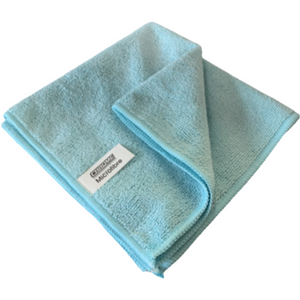 A folded microfibre cleaning cloth from the JMCE DEALS Blue - Microfibre Cloth 12 Pack collection, featuring a blue shade and a tag displaying the brand.