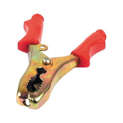 The Sparex Booster Cable Handle Red 40amp (Sparex Part No. S.50038) features metal spring clamps with red plastic handles and jaws, perfect for securing objects or connections as an ideal accessory for booster cables.