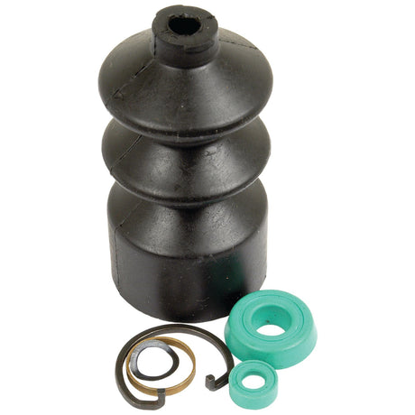 Image of a Brake & Clutch Cylinder Repair Kit (Sparex Part No. S.57736) from Sparex, featuring a black accordion-style rubber bellows with a set of green and metal components including seals and a spring, typically used in automotive or mechanical applications as part of a master cylinder brake & clutch seal kit.