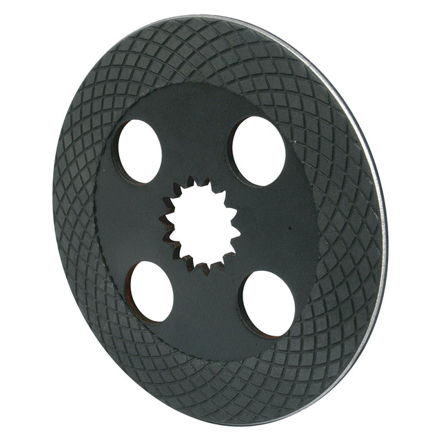 The Brake Friction Disc, OD 260mm - S.69930 by Sparex, is a metal disc with a textured cross-hatch pattern on its surface. It features four large circular holes and a central serrated hole, constructed using Sparex lining material paper.