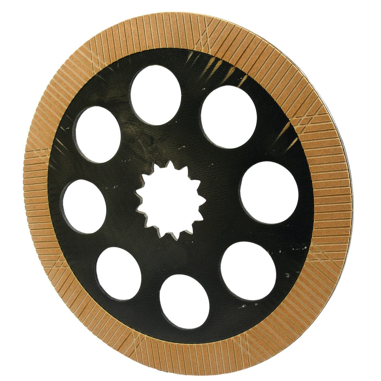 A Brake Friction Disc by Sparex, model S.42354, with a 355mm diameter, features a round black and brown design with eight circular holes evenly spaced along the inner edge and a star-shaped hole in the center.