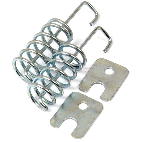 The Brake Shoe Spring Kit (Sparex Part No. S.23213) from Sparex includes two metal coiled springs with hooked ends, as well as two square metal plates with circular and U-shaped cutouts, making it ideal for Ifor Williams trailers and a perfect replacement part compatible with Alko brakes.