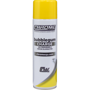 A can of JMCE DEALS Chrome - Bubblegum Charge air freshener and odor eliminator with a yellow cap and white label.